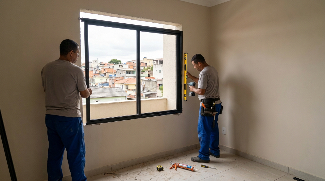 Esquadria de alumínio em quarto bege em Natal-RN