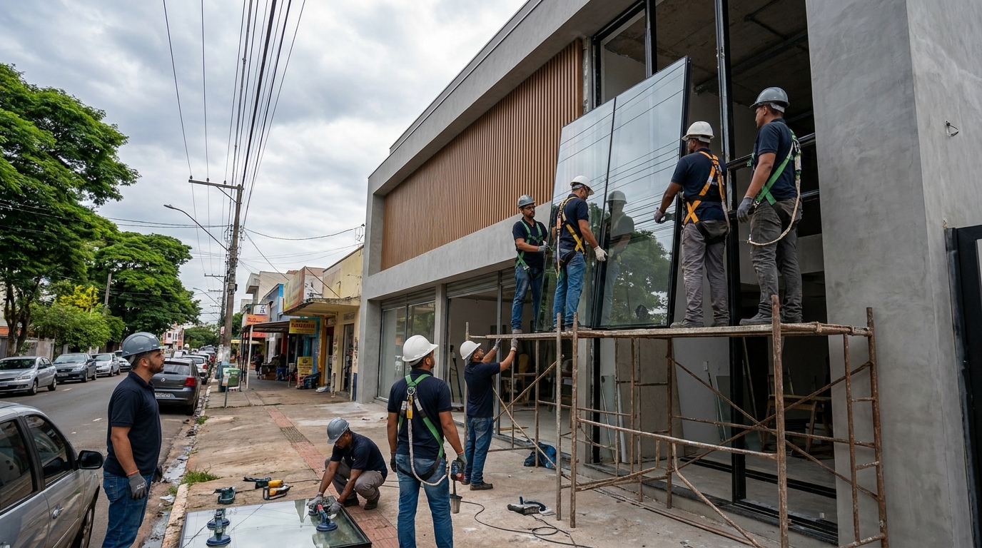 Fachada de vidro com andaime lateral em Natal-RN