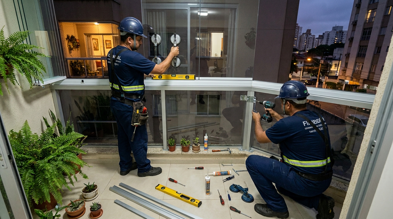 Instalação noturna de parede de vidro em Natal-RN